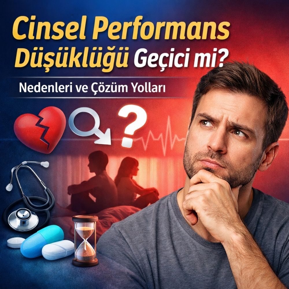 Cinsel performans düşüklüğü geçici mi, nedenleri ve çözüm yollarını anlatan erkek görselli bilgilendirici banner
