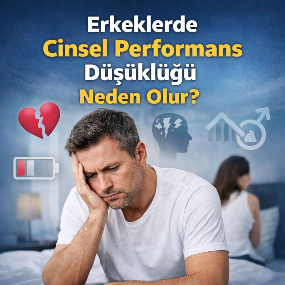 Erkeklerde cinsel performans düşüklüğü neden olur, sertleşme sorunu ve libido düşüklüğü hakkında bilgilendirici görsel