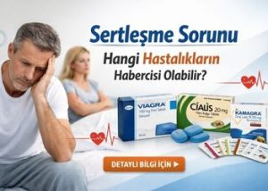 Sertleşme sorunu yaşayan erkek ve partneri ile birlikte Viagra, Cialis ve Kamagra ürünlerinin yer aldığı bilgilendirici sağlık banner görseli