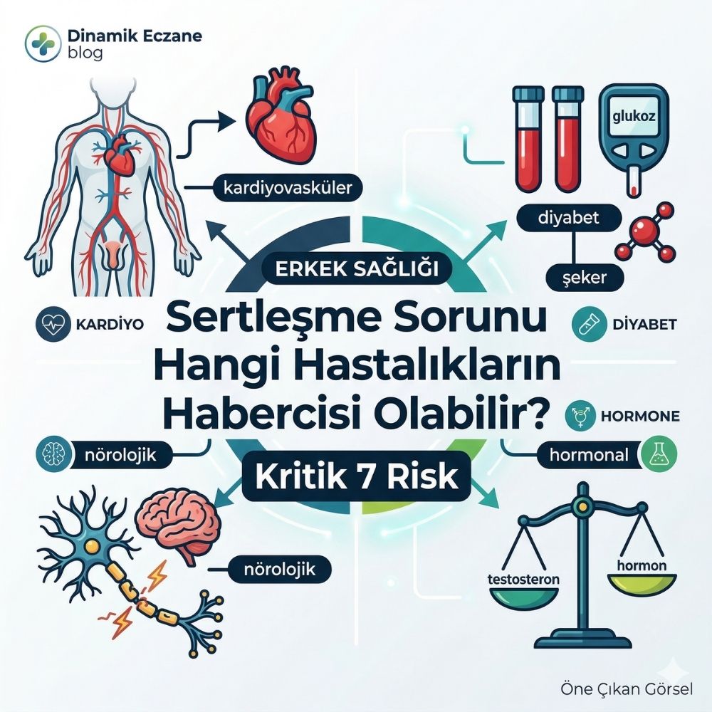 Sertleşme sorunu ve ereksiyon problemiyle ilişkili gizli hastalıkları gösteren modern tıbbi infografik banner.